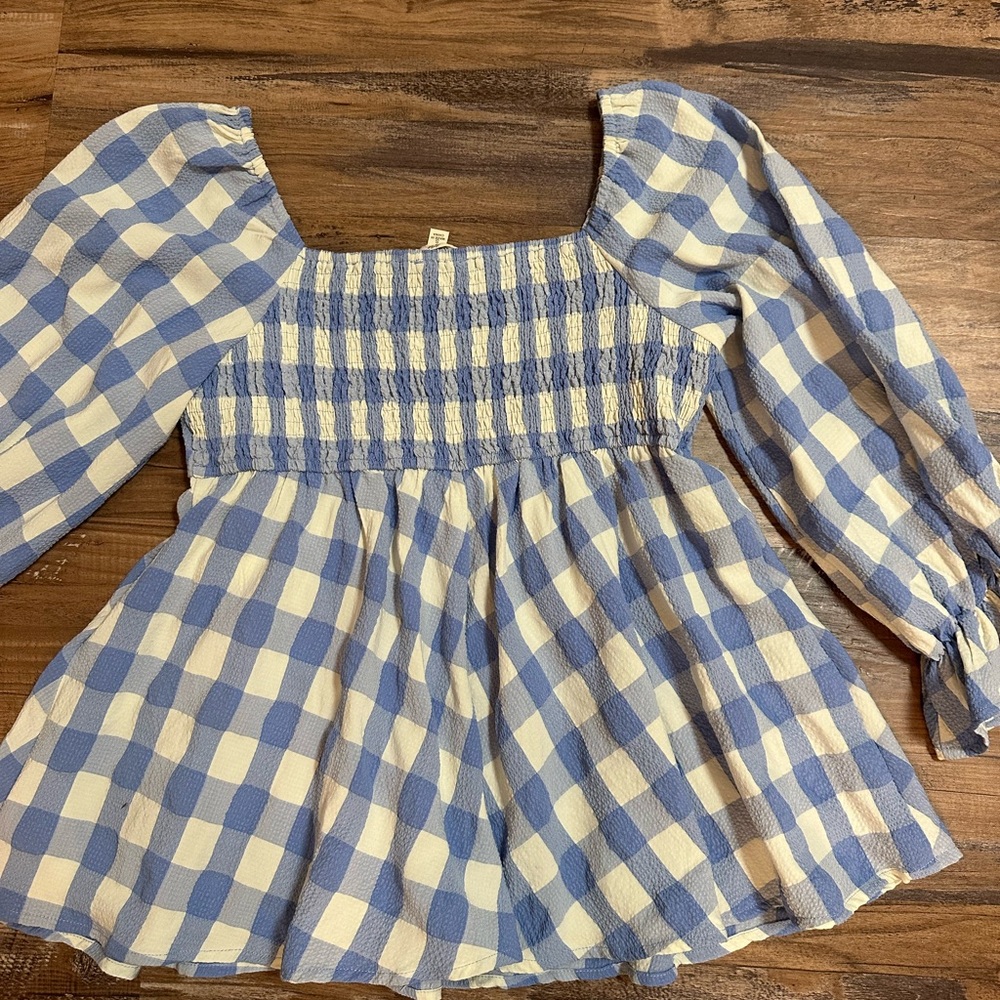 Entro Blue and White Gingham Square Neck Peplum Top - Picture 4 of 9